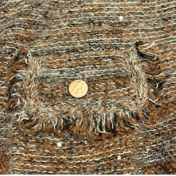 Sioni Brown Tan Textured Fringe Cardigan L w/ Sequins & Pockets - Picture 13 of 15